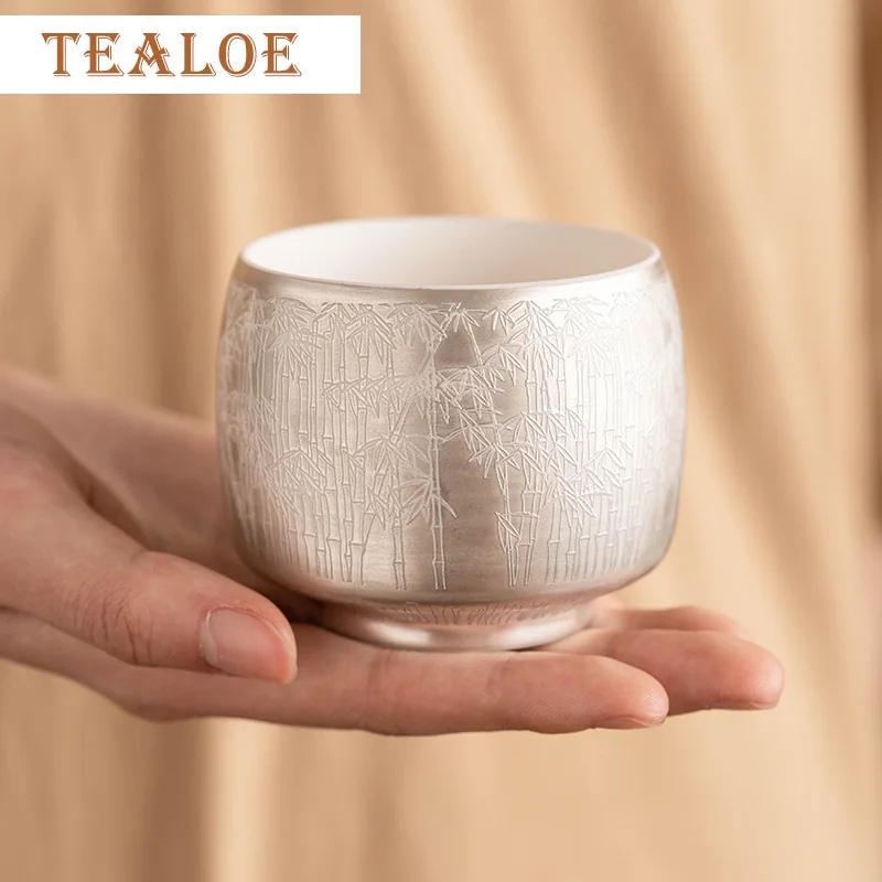 High End 999 Gilded Silver Ceramic TEACUP Green Bamboo Pattern Master Cup Personal Tea Bowl Special Chazhan Teaware Drinking
