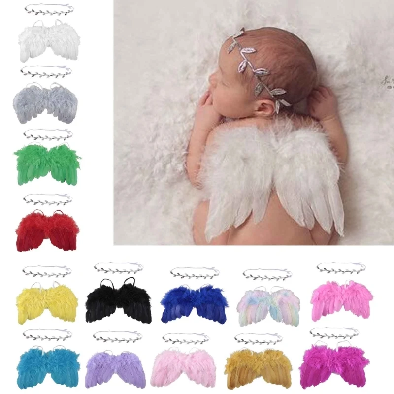 

Angel Feathers Wings Photo Props with Leaves Headband White Infant Angel Wing Hairband Photography Props Costume Infant