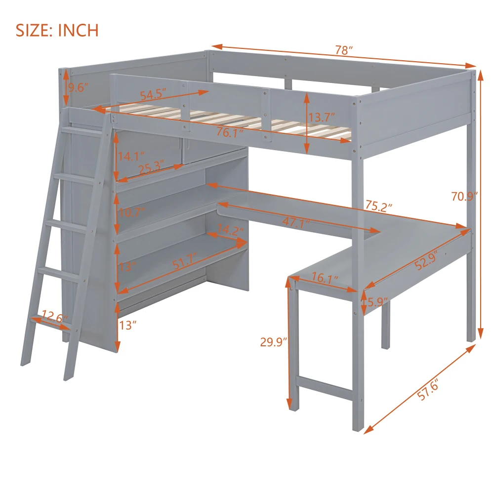 Full Size Loft Bed with Desk and Shelf - Gray 6