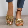 2024 Summer Flat Bottom Women's Slippers Trend Fashion Outdoor Beach Golden Chain Design Flip-Flops Square Toe Open Toe Slippers 3