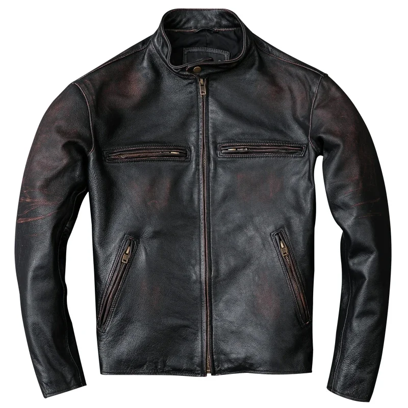 

Washed Stone Milled Edging Distressed Leather Jacket Vintage Black 100% Natural Calf Skin Coat Men Clothing