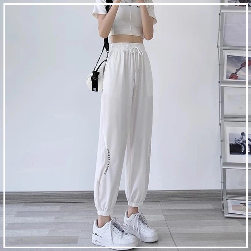 

2024 New Summer Minimalist and Fashionable High Waisted Hollowed Out Letter Print Casual Loose Oversize Ice Silk Sports Pants