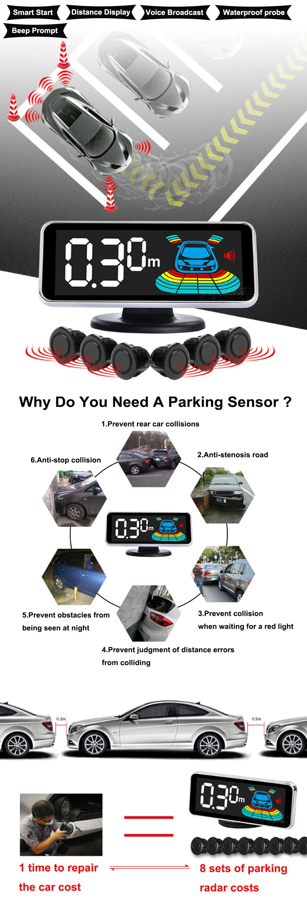 Retromarcia del Radar dell'auto parcheggio retromarcia dell'automobile Radar di retromarcia rilevatore di Monitor veicolo Parktronic parcheggio 8 sensori di Backup - Sc90a34e2dbcc4c4aa7c166d89a0f6e4el