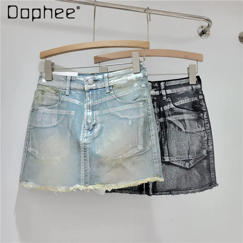 2024 Spring and Summer New Heavy Industry Bronzing Denim Skirt Female High Waist Slimming All-Matching A- Line Hip-Wrapped Skirt