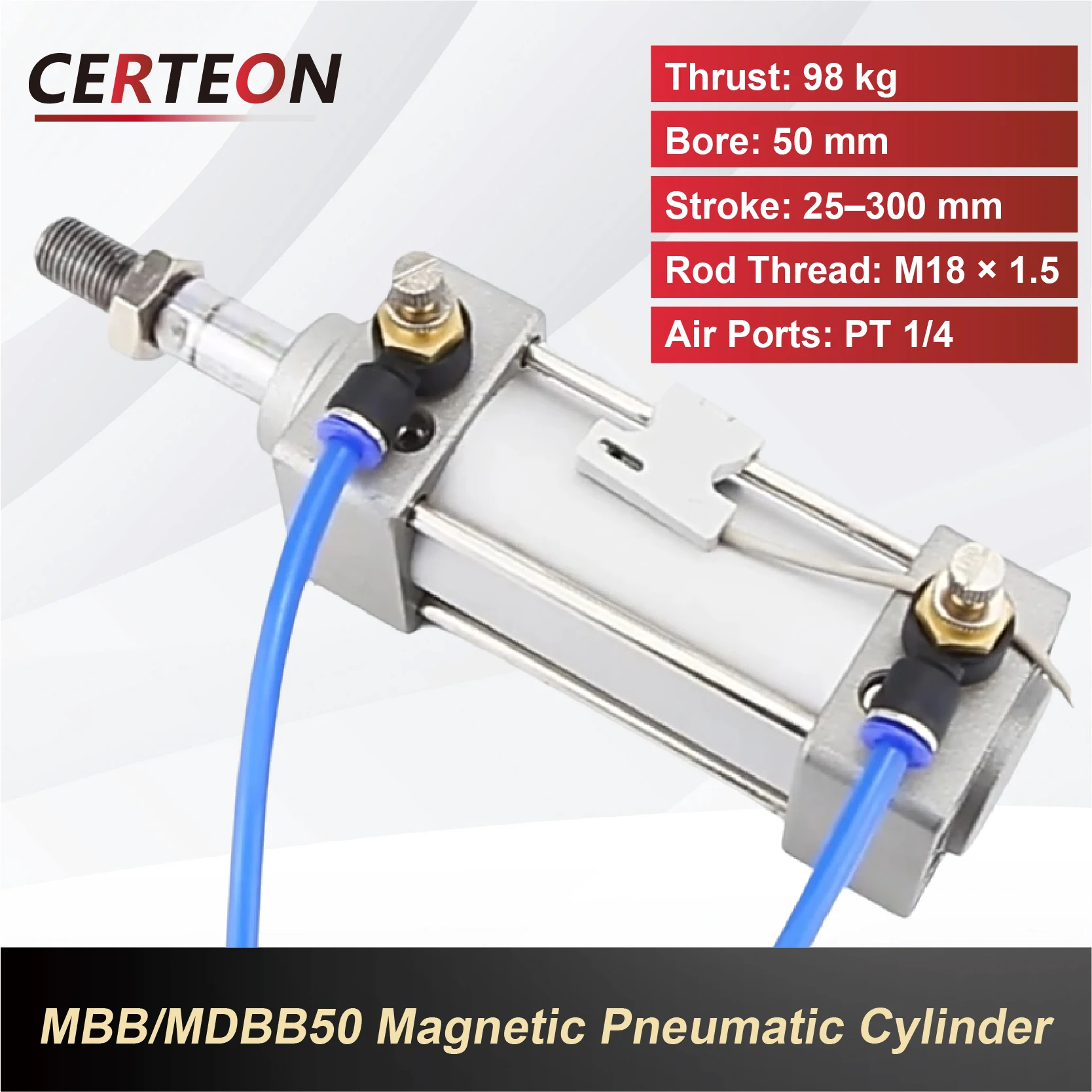 กระบอกลมมาตรฐาน MDBB50 แบบก้านสูบ ดับเบิลแอ็คชัน ขนาดเส้นผ่านศูนย์กลาง 50mm ช่วงชัก 25-300mm ร่องแม่เหล็กพร้อมโช้คปรับได้สำหรับระบบอัตโนมัติอุตสาหกรรม 1