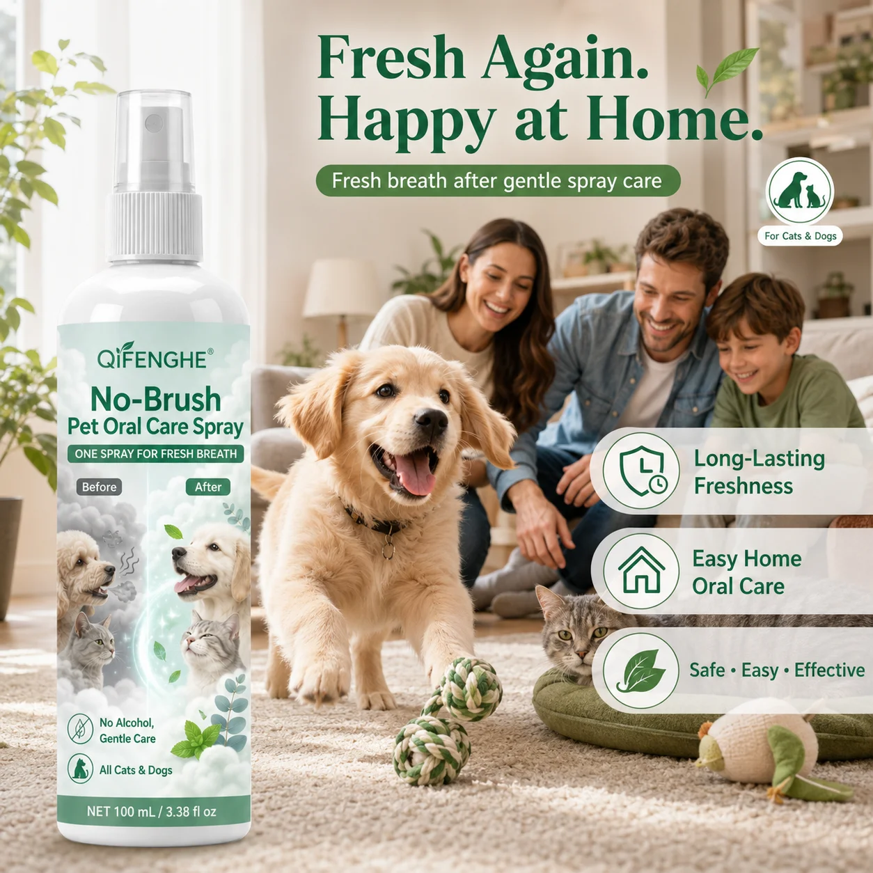 No-Brush Pet Dental Spray for Fresh Breath, Alcohol-Free Plant-Based Formula, Safe Daily Oral Care.