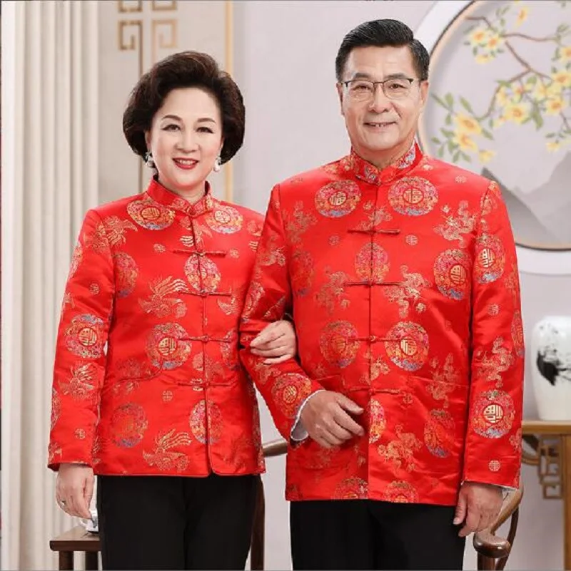 Spring Autumn Men Women Chinese Style Long Sleeve Jacket Satin Embroidery Tang Suit New Year Birthday Party Coat men chinese style shirt hanfu jacket