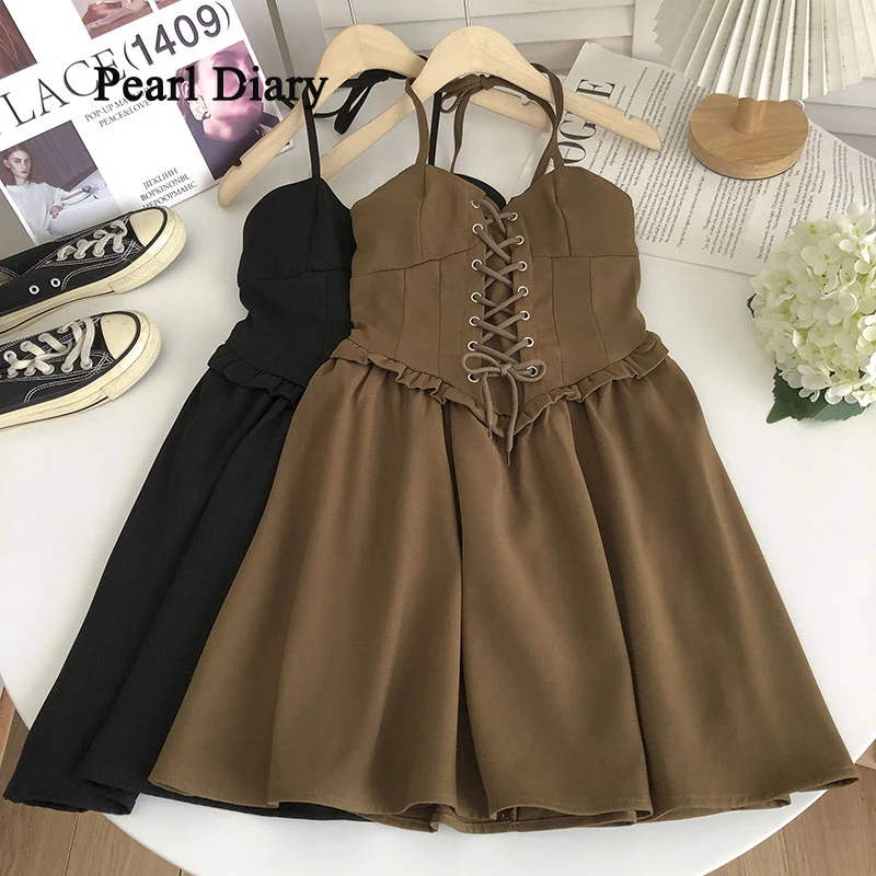 

Pearl Diary New Style Frenulum Tie The Neck Dress Summer Dresses Woman Khaki Sleeveless Vest Skirt All-Match A-Line Dress