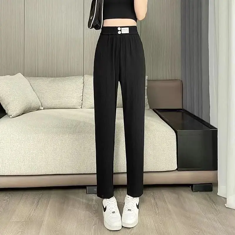 2024 Summer New Commuter Solid Color Elasticized High-waisted Button Epaulet Thin Loose Casual Harlan Women's Silk Sports Pants