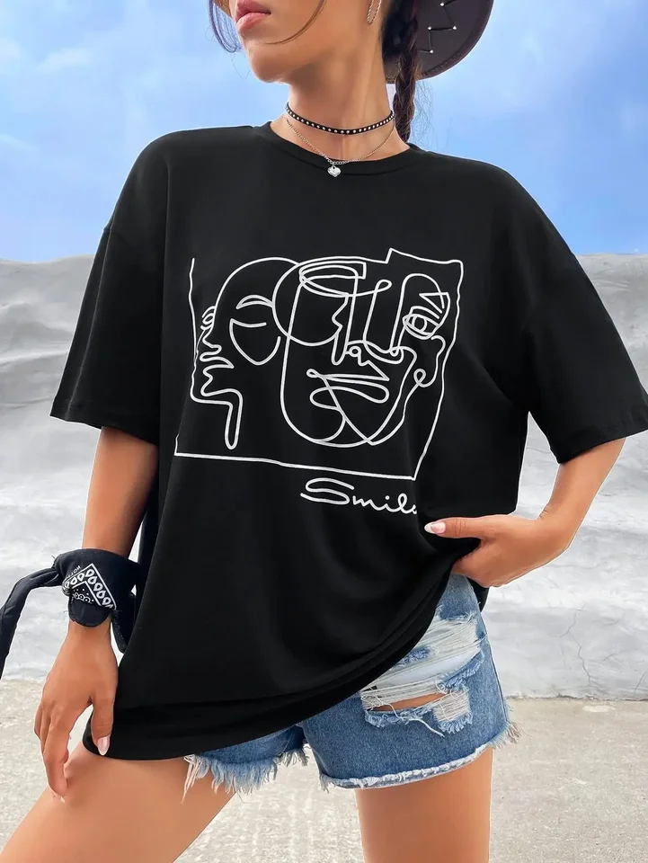Women's Casual Letter Print Crewneck T-Shirt - Cozy Basic Tee, Loose Fit Short Sleeve Top In Black - View #2