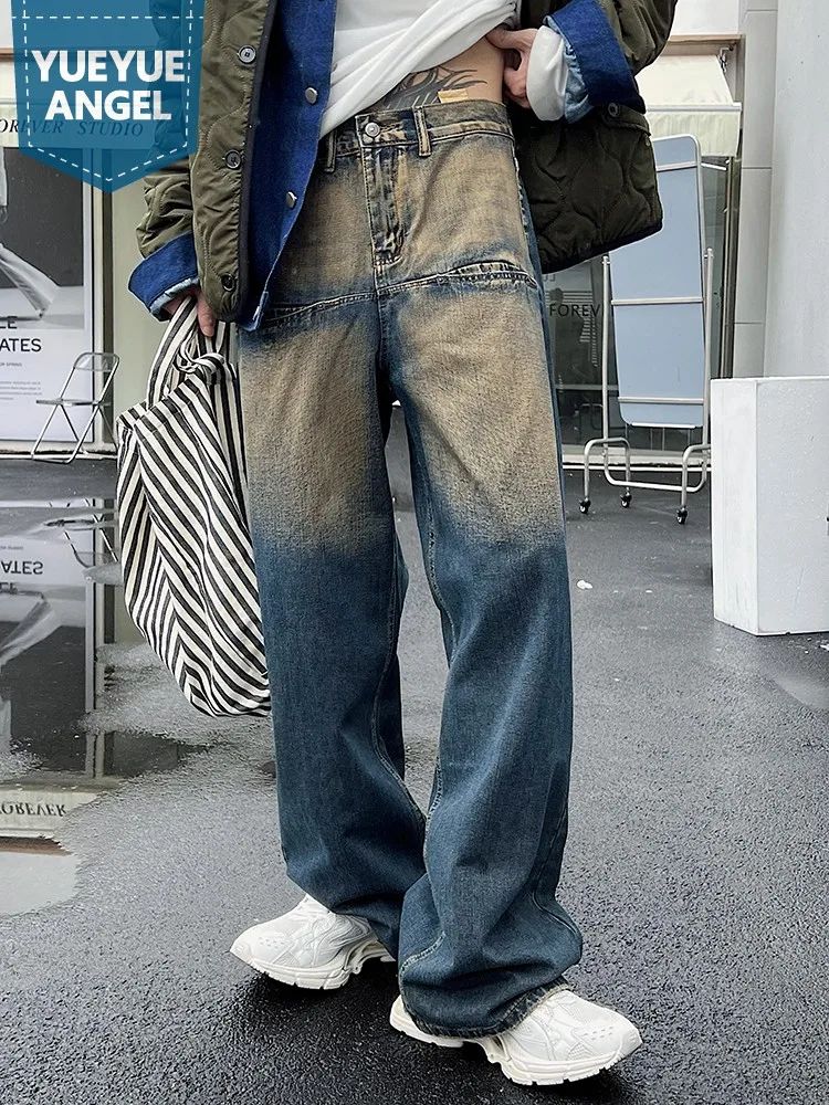 

Streetwear Vintage Splice Mens Jeans Design Hip Hop Wide Leg Denim Pants Men Loose High Waist Full Length Straight Leg Trousers