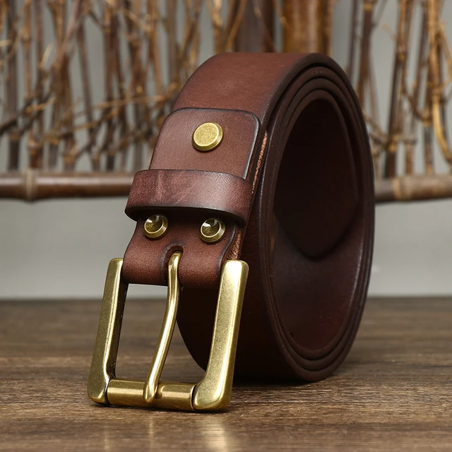 Mens Brown Leather Belt With Gold Buckle