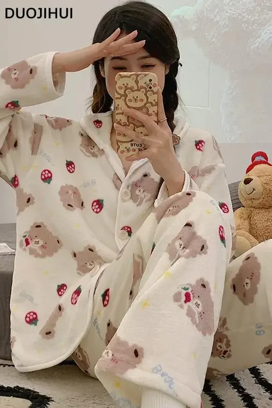 DUOJIHUI Women's Printed Flannel Set New Autumn Winter Korean Fashion Women's Cardigan Long Sleeved Pajamas Home Clothing Set