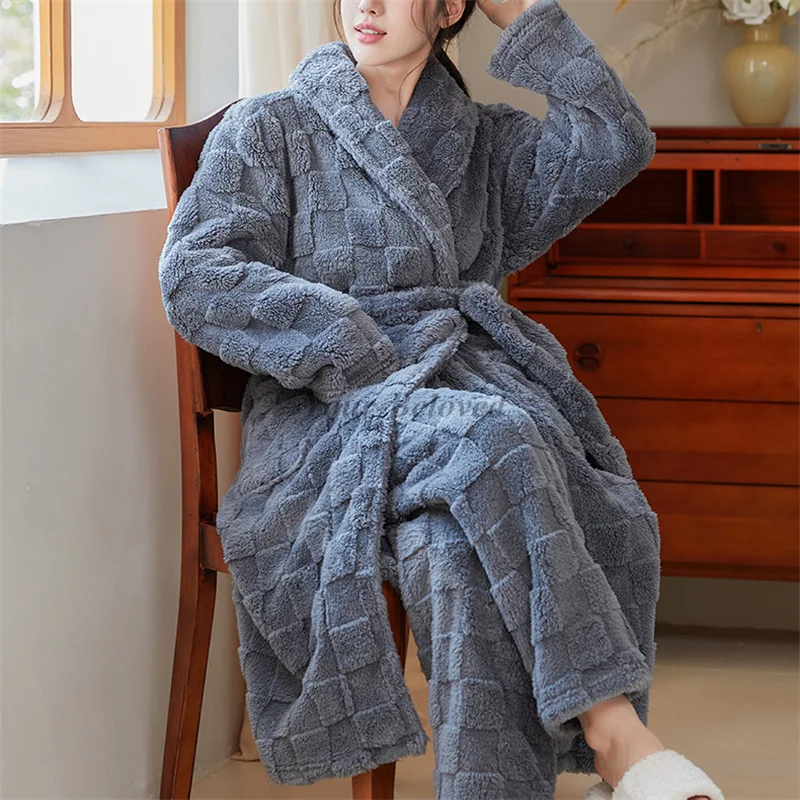 

Женские халаты, утепленные пеньюары из кораллового флиса, зимняя теплая одежда для сна, клетчатое свободное кимоно, халат, женский халат, домашний халат