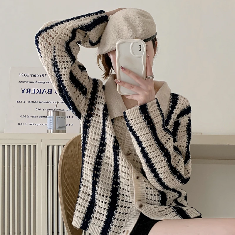 Autumn New Women's Striped Hollow Lapel Knitted Cardigan Sweater Elegant Casual Single-breasted Long-sleeved Top