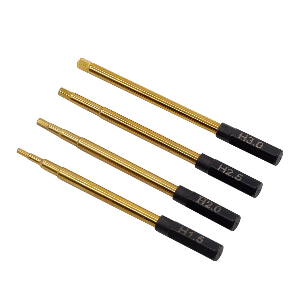 Embouts de tournevis hexagonal 4 en 1 pour drone RC alignés, montrant les tailles 1.5/2.0/2.5/3.0 mm.