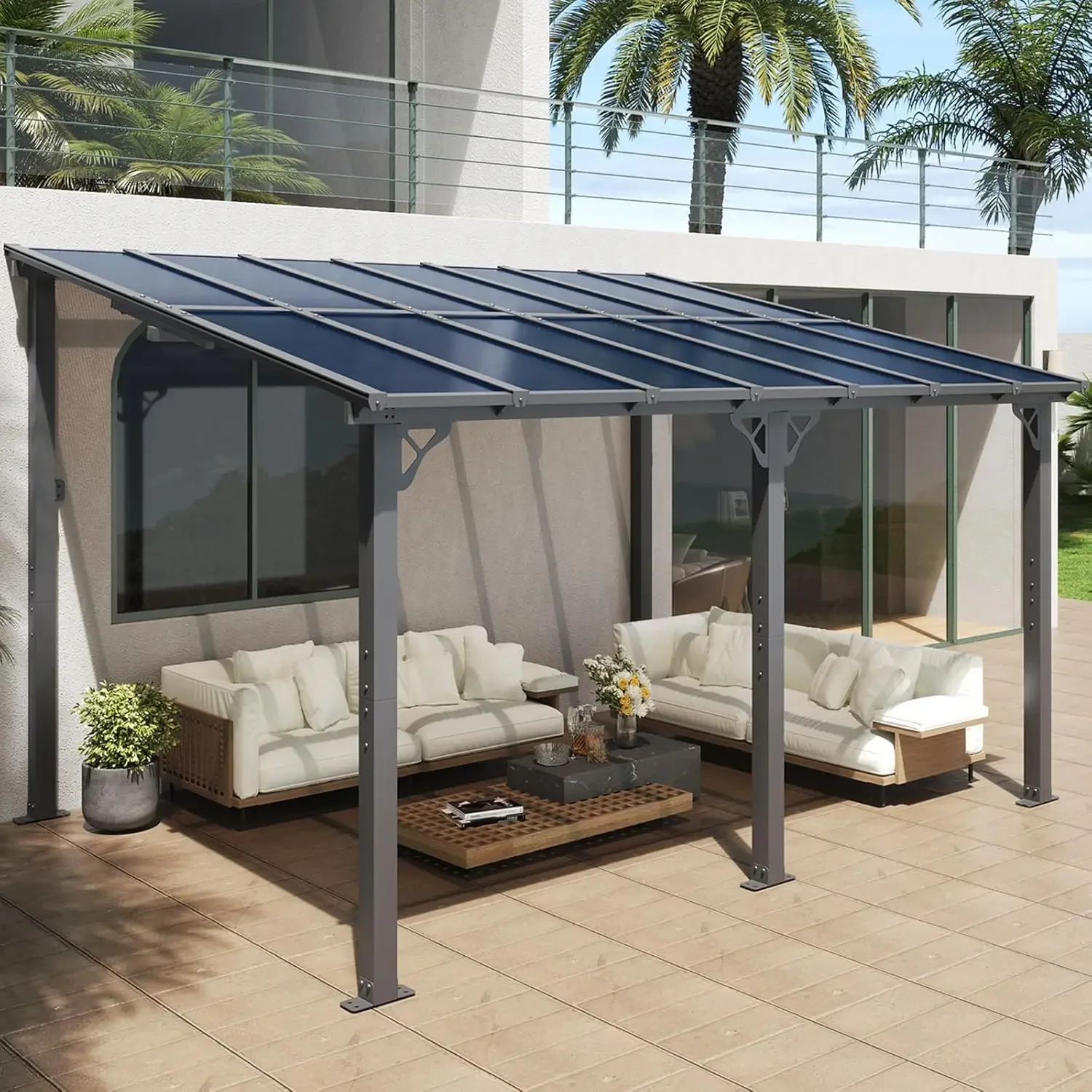 10’x 14’ Gazebo Wall Mounted Gazebos Pergola on Clearance Outdoor Patio Gazebo Awnings with Sloped Roof for Porch Deck
