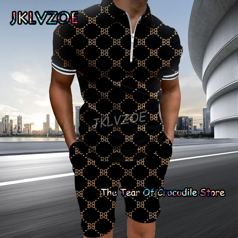 2023 Summer Casual Tracksuit Zipper Polo Shirt 2 Piece Sets for Men Suit Printing Outfit Men Multicolour Sportswear Clothing