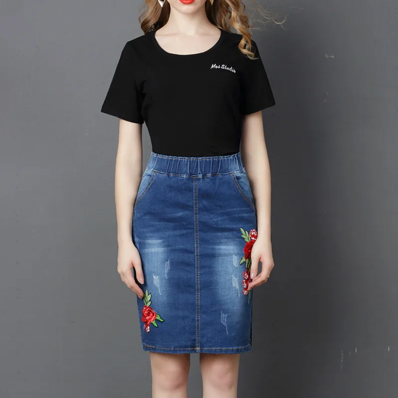 2024 Women Spring&summer European & American Denim Skirt Embroidered High Waist Elastic Soild Color Women Denim Skirt Plus Size european and american women s solid color casual personality trendy hole slim denim pants