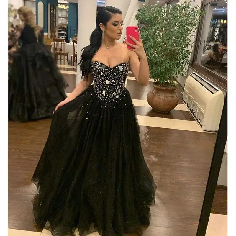 

2023 New Sweetheart Neckline Crystal Beading Tulle Black Evening Dresses A-line Long Formal Occasion Prom Dress