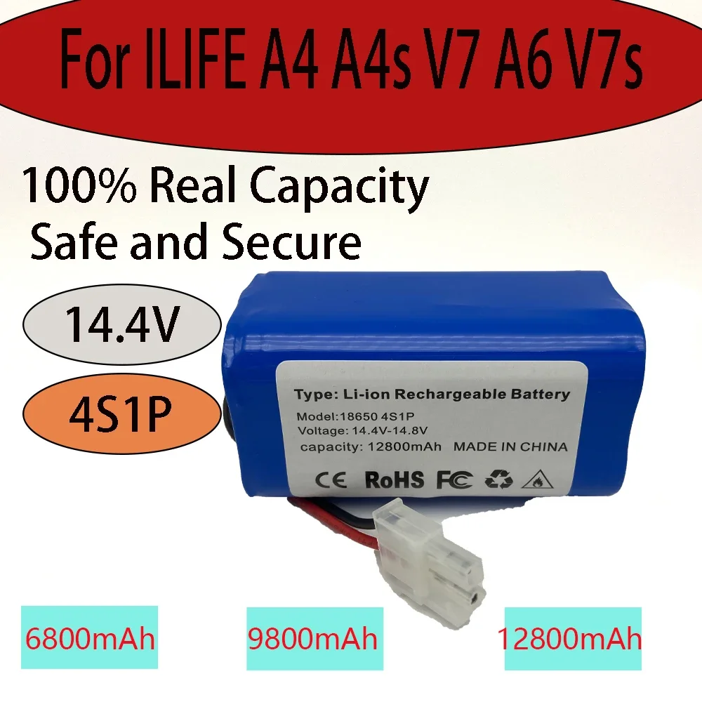 

Lithium battery 14.8 V, 12800 mAh, 14.4 V, Ah, suitable for robot vacuum cleaner iLife A4 A4S V7 A6 V7S Plus iLife 4S1P