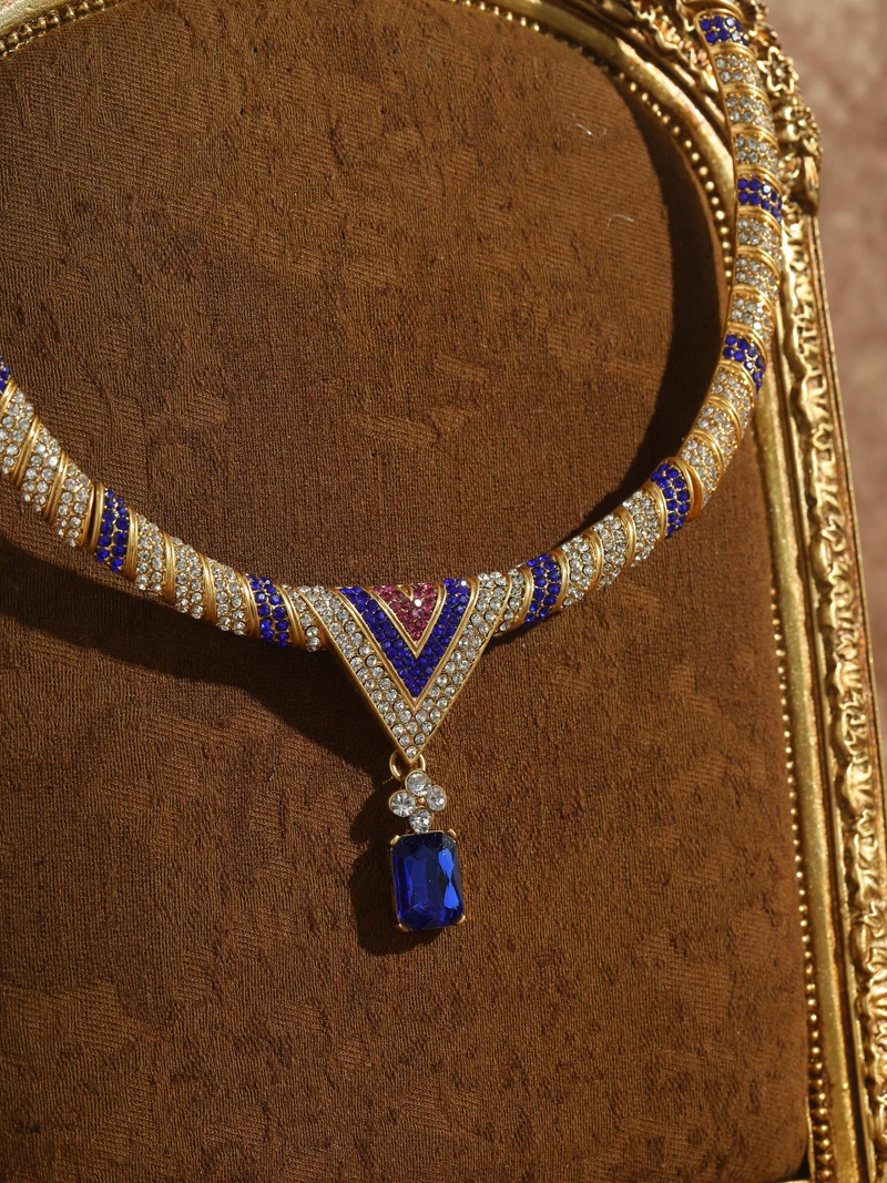 Sc90b35996cae41fcbd38f54fd09a875ce Vintage Blue Zircon Pendant Necklace Gold Color Choker Collar Woman Rhinestone Wedding Accessories Luxury Designer Jewelry Mallzona