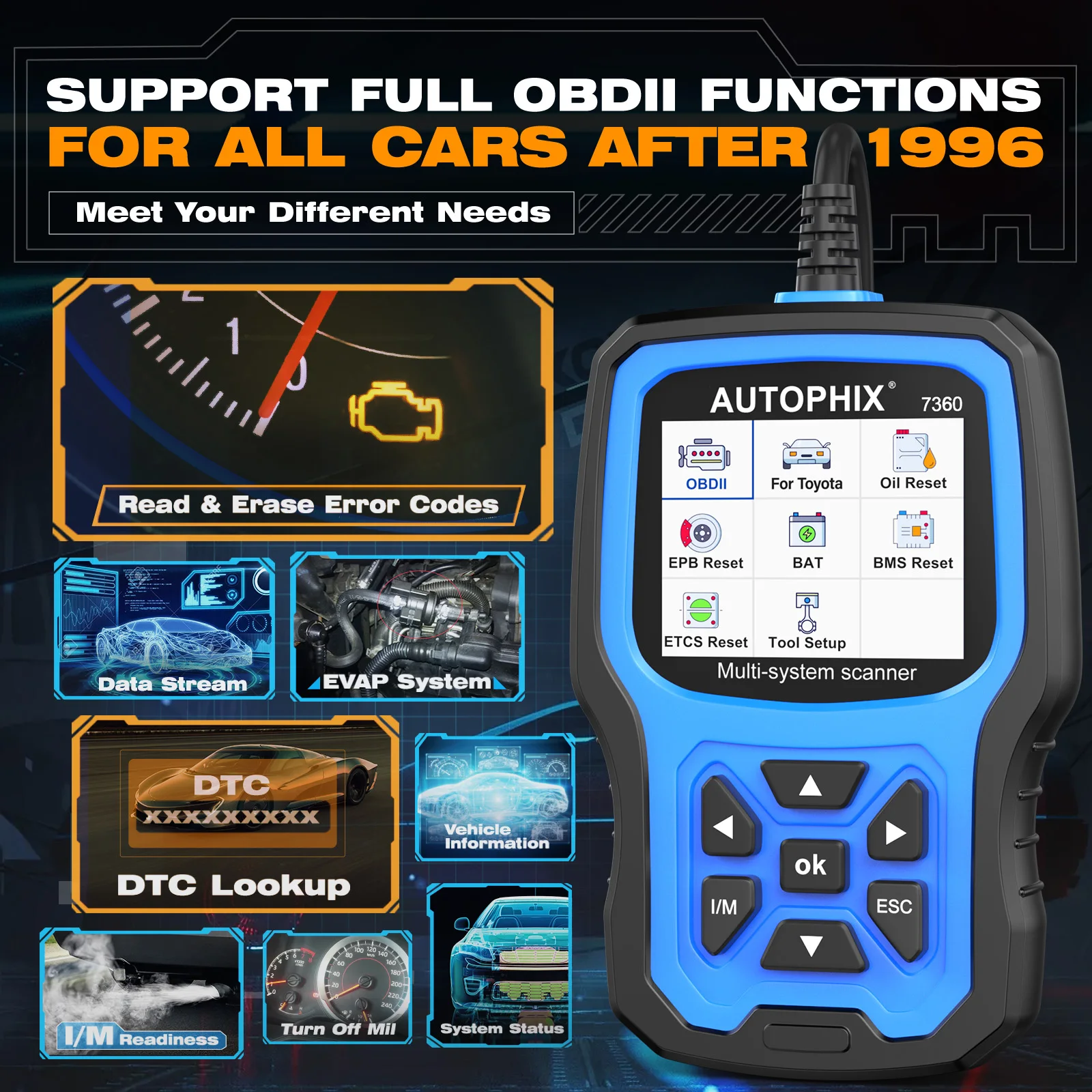 AUTOPHIX 7360 OBD2 Scanner For Toyota All System Automotive Code Reader ABS EPB SRS OIL BAT Reset Car Diagnostic Scanner 3