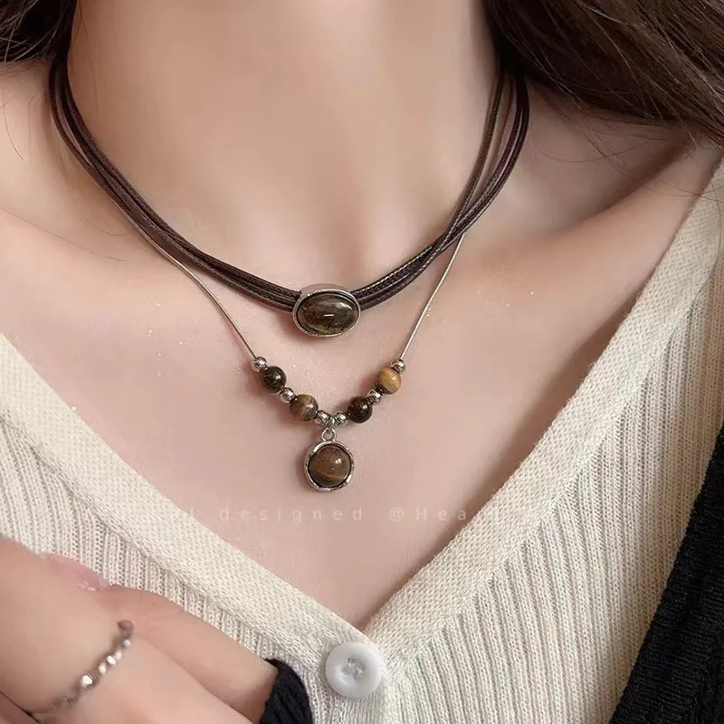 Vintage Leather Brown Stone Pendant Necklace