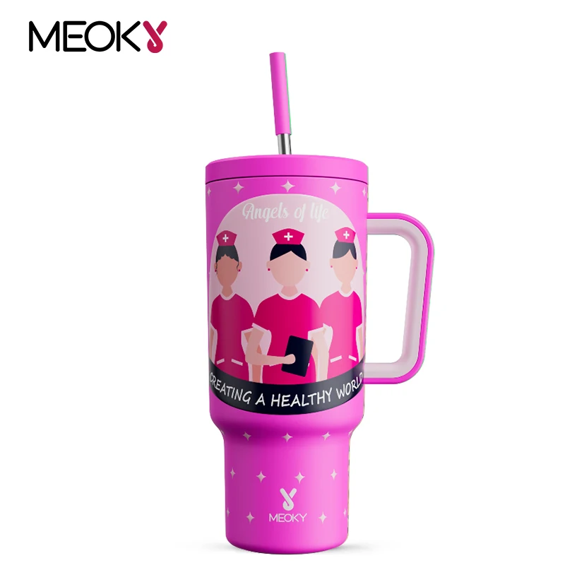 

Meoky 40oz Cup Pink Insulated Mug Stainless Steel Tumbler Cup with Handle Large Capacity Car Mug Water Bottle for Nurse’s Day