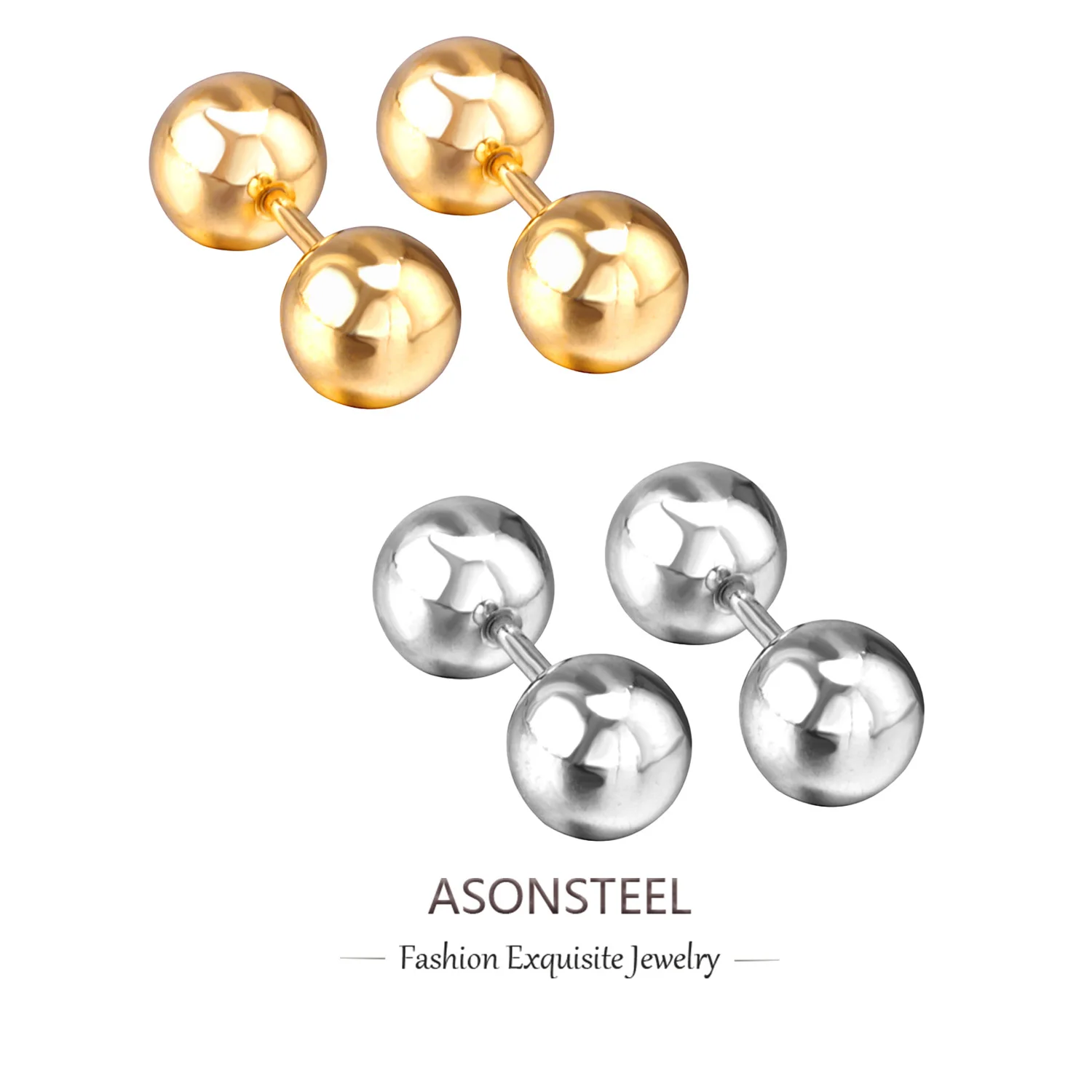 ASONSTEEL 8 مللي متر حجم مزدوجة الكرة المسمار ثقب أقراط الذهب اللون الفولاذ المقاوم للصدأ النساء الرجال مكافحة الحساسية مجوهرات الأزياء