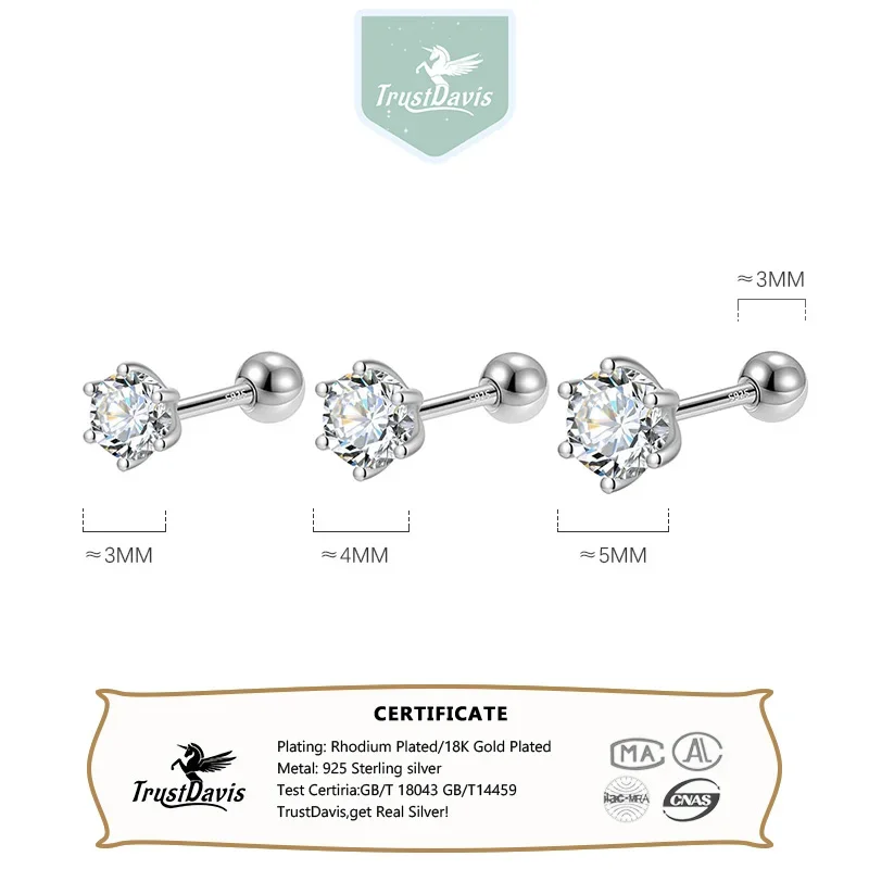 TrustDavis 925 Sterling Silver Six Claw 3/4/5mm CZ Screw Stud Earrings For Women Wedding Fine Jewelry DA2712