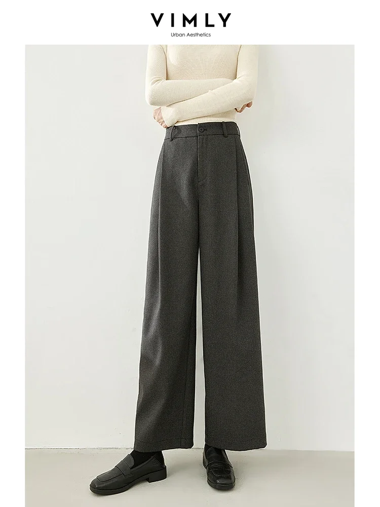 

Vimly Grey Woolen Wide Leg Dress Pants for Women 2023 Winter Straight Loose Casual Trousers Female Suit Pant Woman Clothes M5570