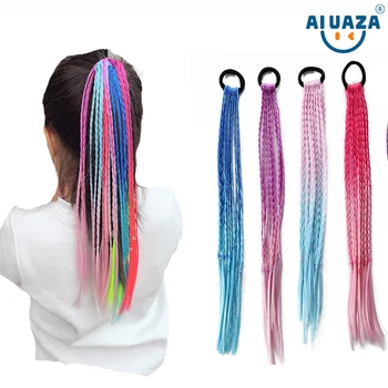 AIUAZA Children's Colorful Braided Hair Extensions Girls' Colorful Wig Horse Tail Hair Accessories Headdress