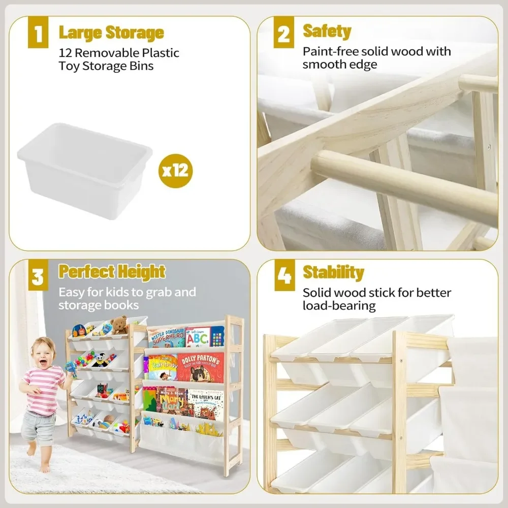 Toy Storage Organizer with Bookshelf-12 Storage Bins 4-Tier Multipurpose Shelf to Organize Toys and Books for Kids Room,Playroom 6