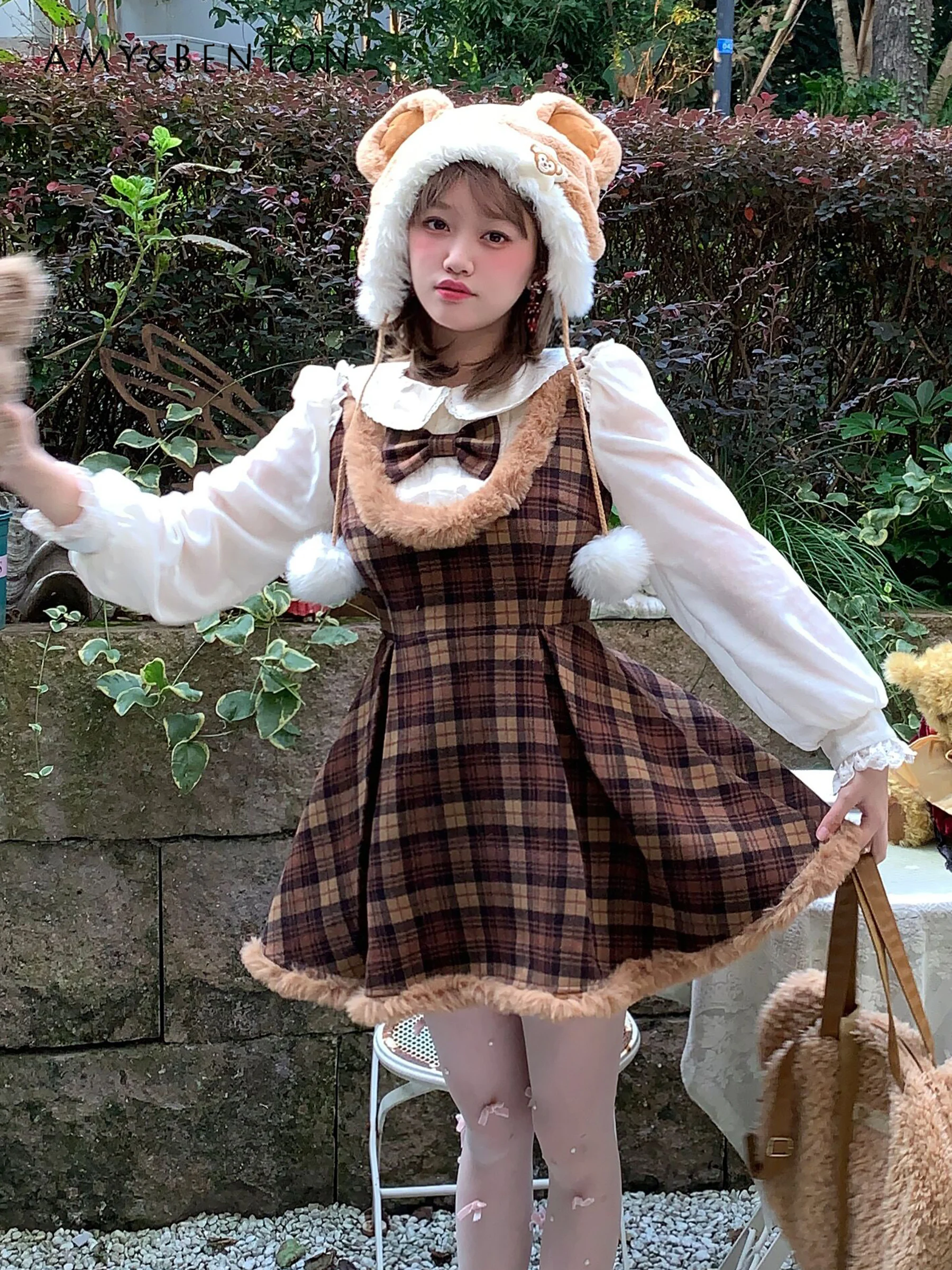 

Winter New Retro Sweet Cute Doll Collar Long Sleeve Fake Two-Piece Plaid Dress Preppy Style Kawaii Mini Dress Slim A-Line Dress