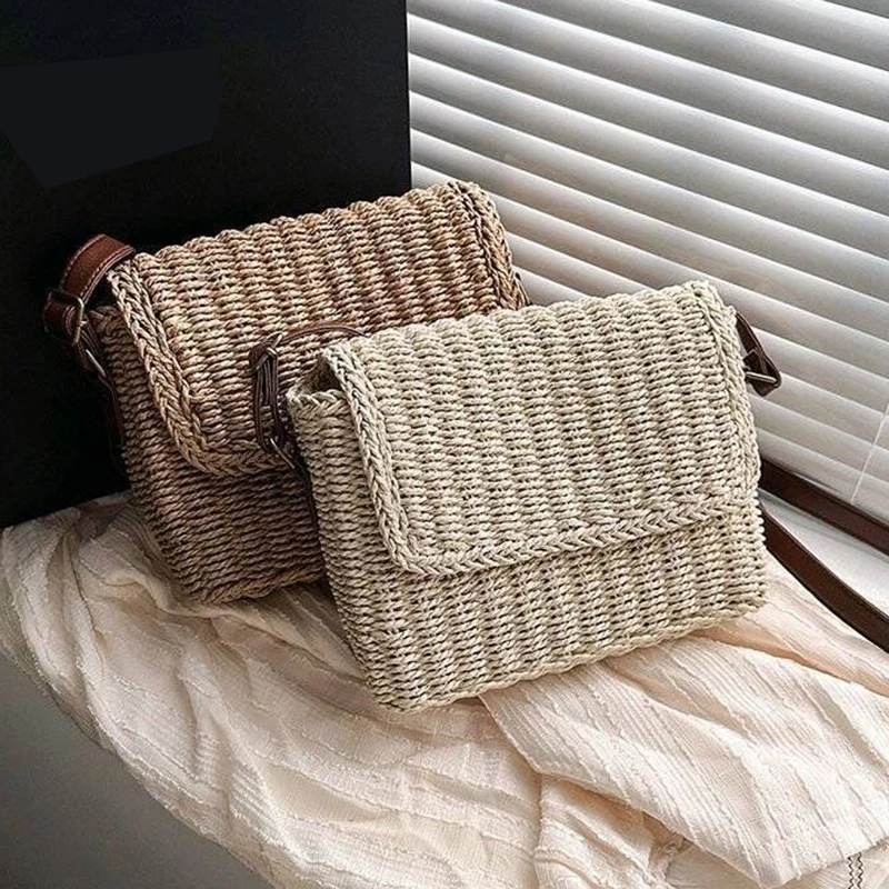 Women Weave Straw Bag Summer Straw Beach Bag Vintage Small Square Satchel Bag Adjustable Strap Handmade Travel Flap Bag