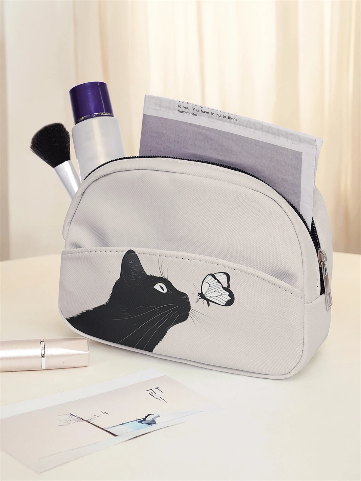 Cute cat pattern printed makeup bag, multi pocket design, portable toiletry bag, lightweight, suitable for travel and outings