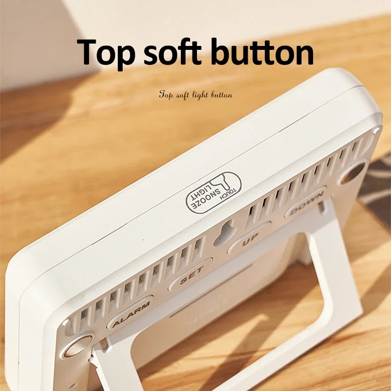 ساعة منبه خفيفة مع مستشعر درجة الحرارة والرطوبة وحامل رطوبة/مغناطيس/ساعة مطبخ معلقة وإضاءة خلفية لسطح المكتب