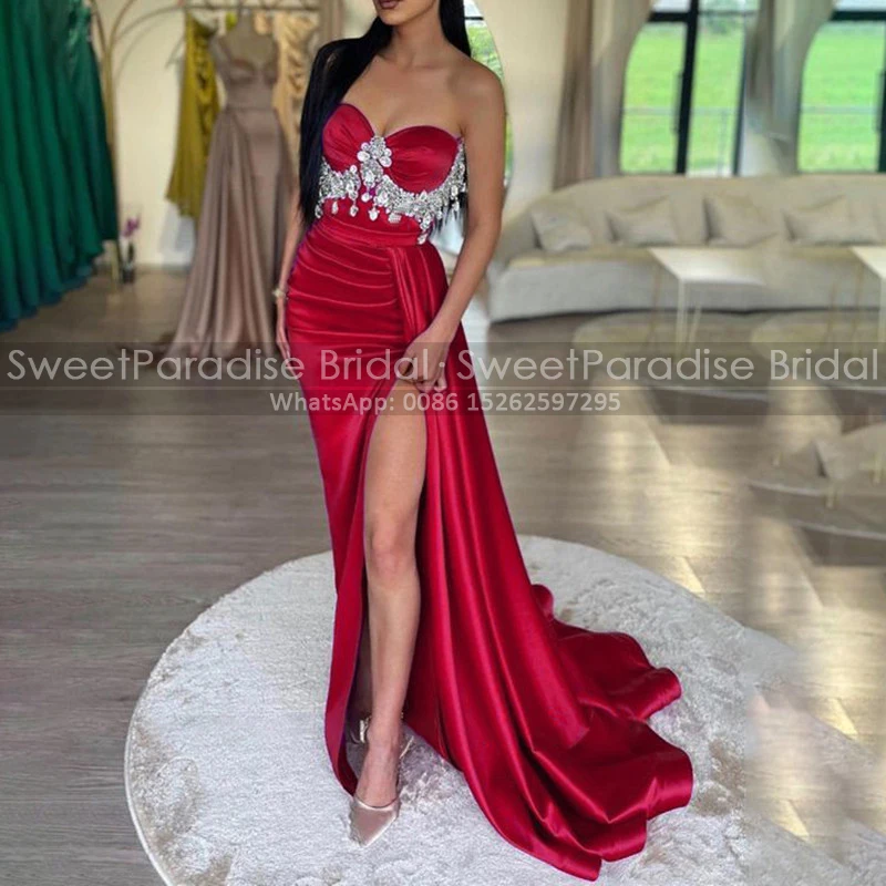 

Luxury Beads Sequins Evening Dress Long Pleat Mermaid Streamer High Split Strapless Red Satin Sheath Prom Dresses Party