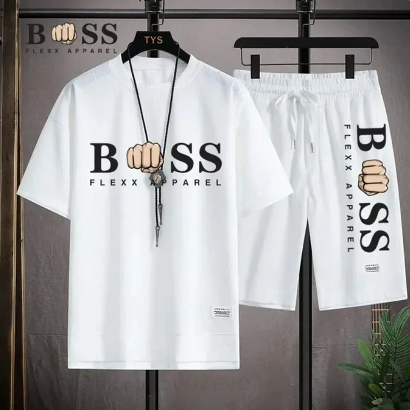 2024 Waffle Pattern 2 Piece Men Shorts Set Summer Tracksuit Men Fashion Clothing Harajuku Style Fashion Loose Fit Sweatsuit ﻿