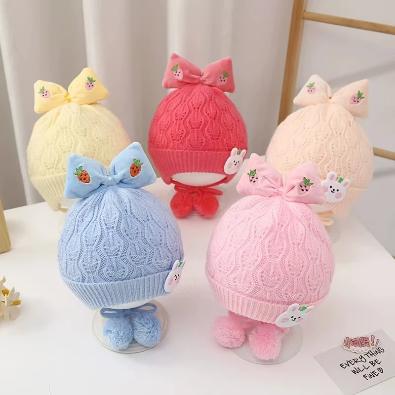 Winter Cute Warm Knitted Baby Hat Kids Ear Protection Caps with Bow Pink Cartoon Bunny Beanie Hat for Girls 0-12M