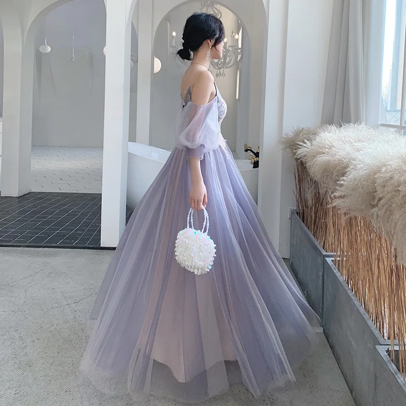 Bridesmaid Dresses Purple Bridesmaid Party Long Sleeve Tulle A-line Dress