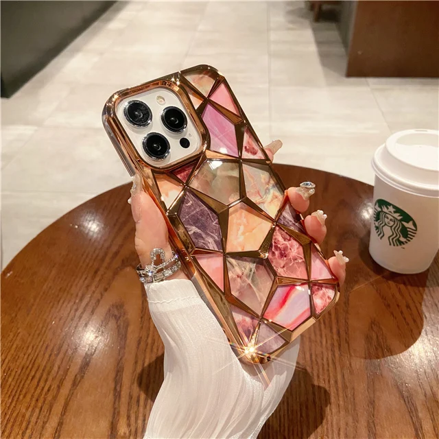 Luxury Plating Marble Colorful Pattern Frame Phone Case - Protective Cover
