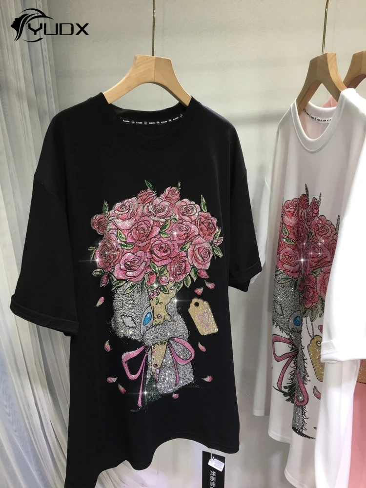 

YUDX High Quality Hot Drilling Flowers Summer Women Tshirts O-neck Pullover Top Diamonds Loose Short Sleeve Cotton Tees Casual