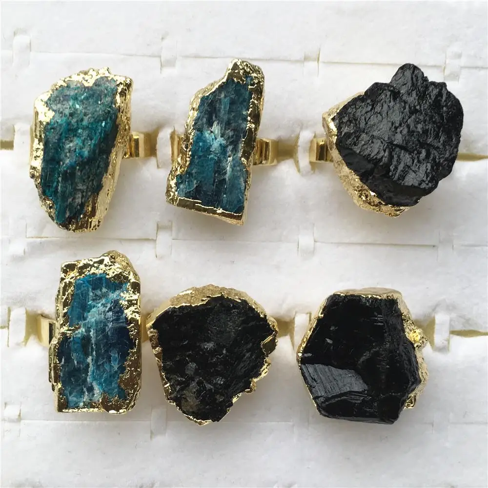

Hot Natural Stone Gold Adjustable Ring Irregular Black Tourmaline e Ore Gem Blue Crystal Finger Rings for Women Trendy Jewelry