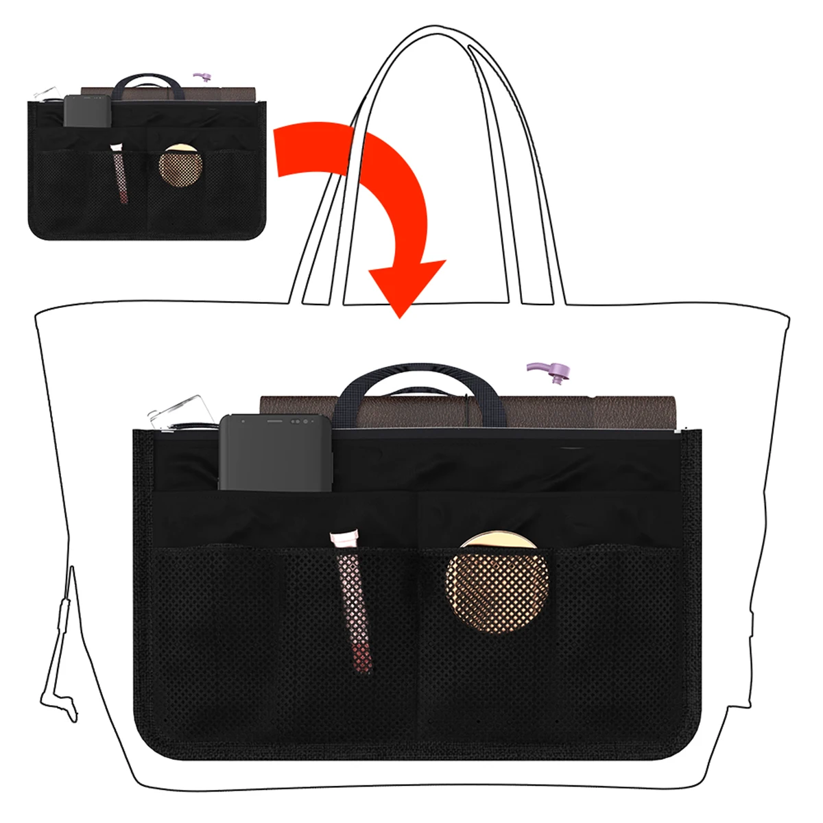 Nylon Travel Insert Organizer for Women - Large Capacity Handbag and Makeup Tote