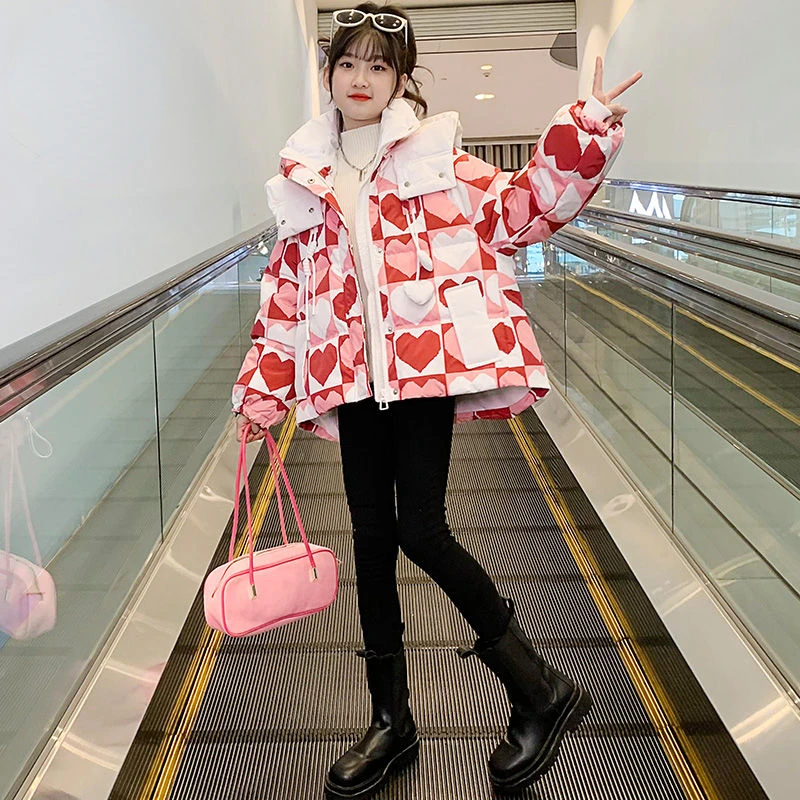 

2023 Children Girls Winter Coat Hooded Thicken Warm Down Jacket for Girls Love Printed Kids Teenage Girl Parka Snowsuit Q89