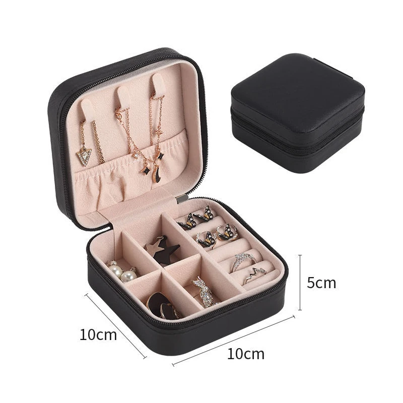 Compact Leather Travel Jewelry Organizer Box with Zipper Closure