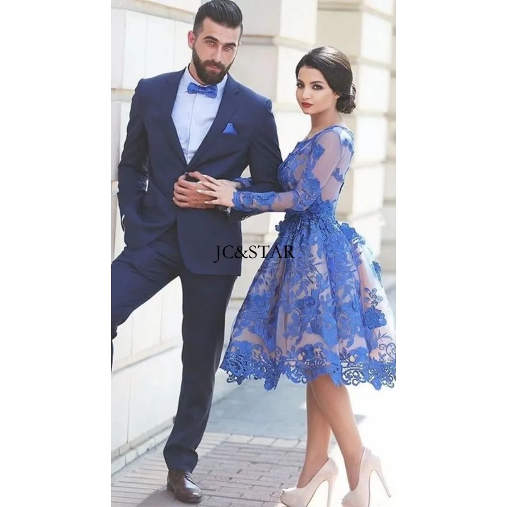 Royal Blue Lace Long-sleeved Cocktail Dresses Short Sexy Perspective Fashion Chic A Line Prom Dress Vestidos De Gala