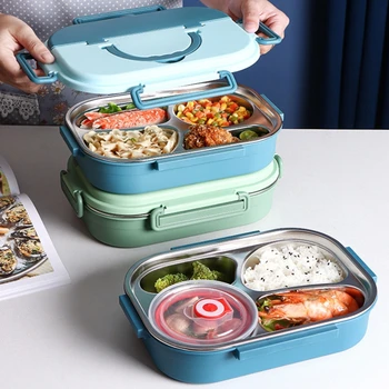 Boîte à lunch en acier inoxydable 304 à double couche avec cuillère et fourchette, bol en matériaux respectueux de l'environnement et sans danger pour les aliments avec poignée pour les enfants 1